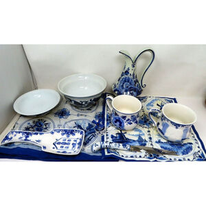 Lot 10 Vtg Delft Blue Holland Ceramic Cups Bowl Pitcher Handkerchief Spoon Rest